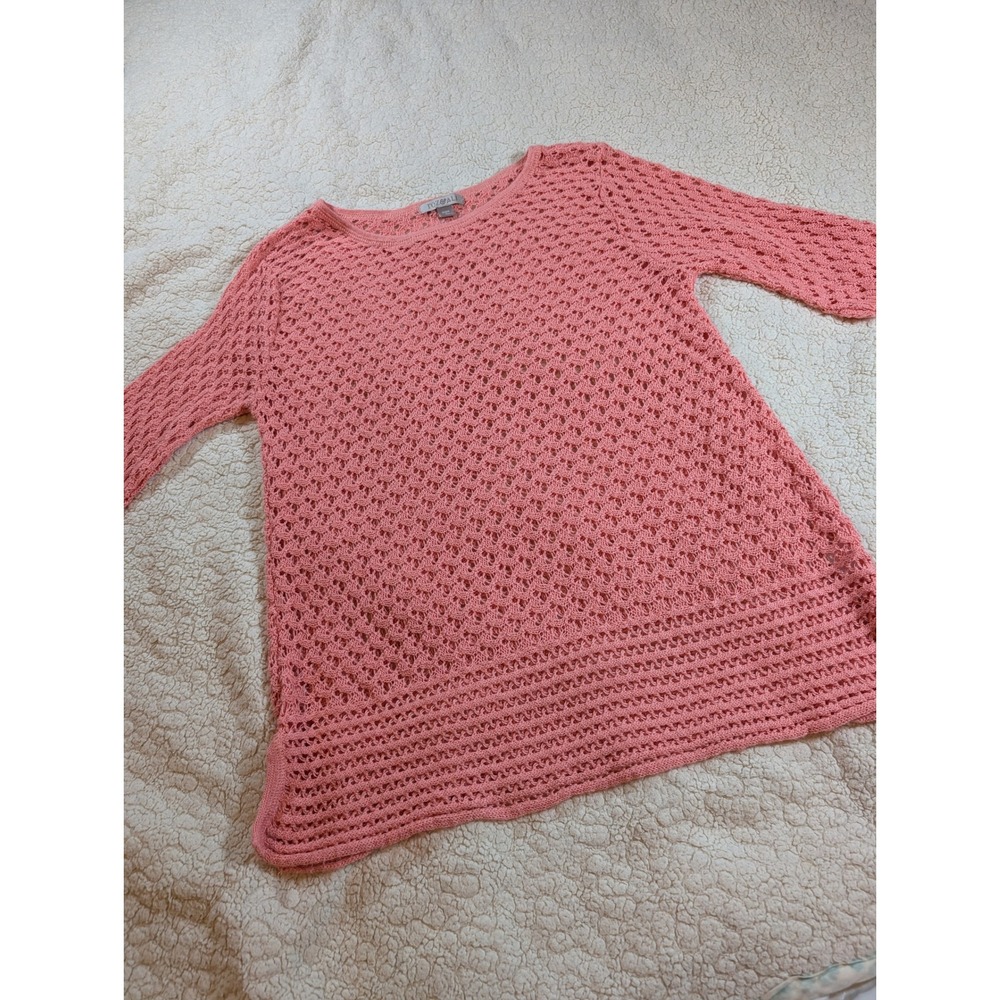 Roz & Ali Petite Large Coral Pink Open Knit Crochet Sweater 3/4 Sleeve Top